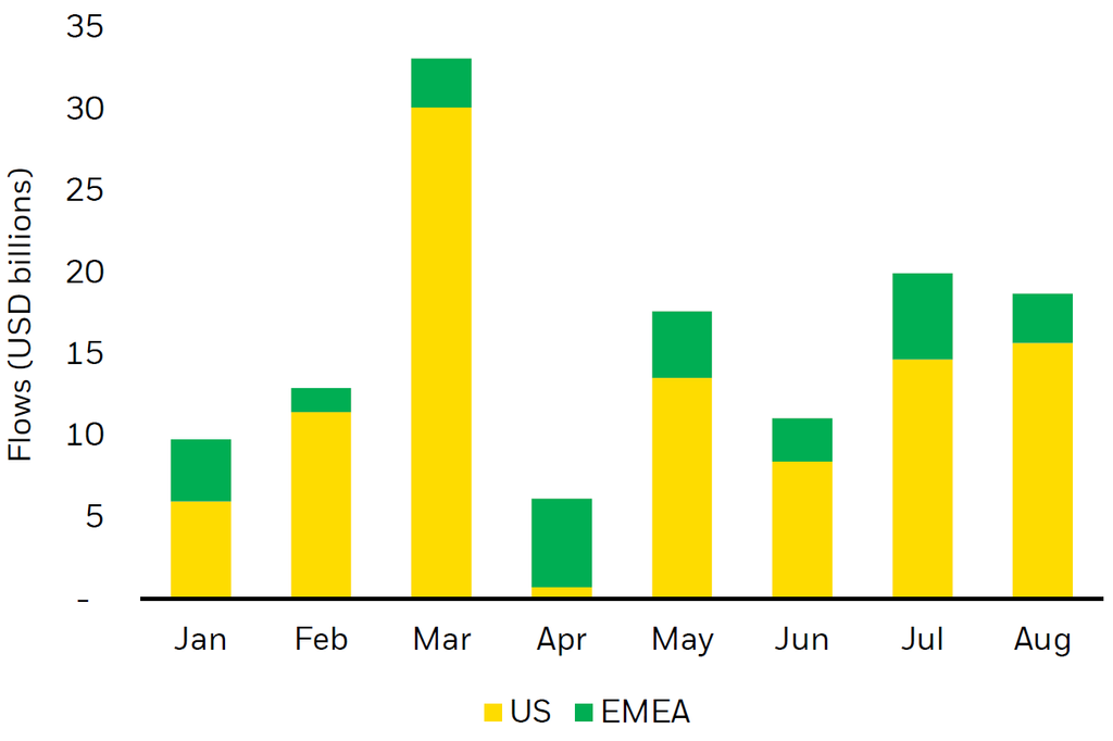 Monthly flows into rates ETPs so far in 2026, showing that investors in US-listed ETPs have had stronger appetite for government bonds than investors in EMEA-listed ETPs.